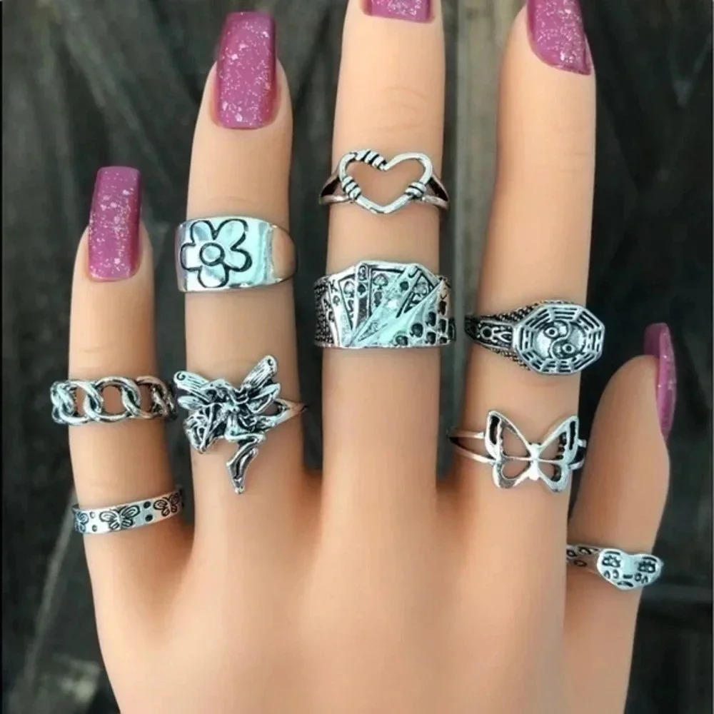 9 Pack Hypoallergenic Silver Tone Adjustable Midi Fashion Rings NWT